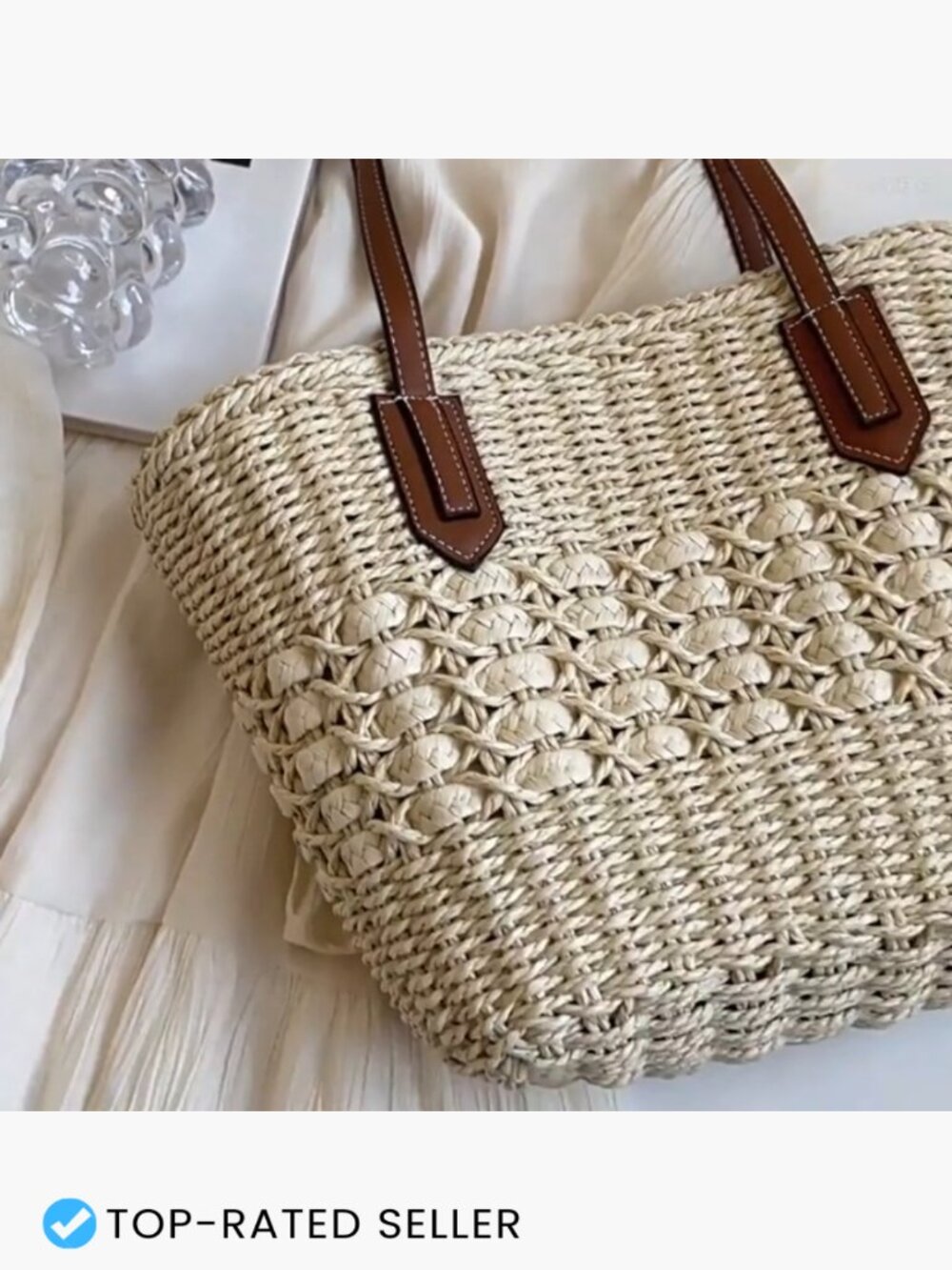 Handmade Straw Tote Bag Large Woven Summer Purse Bohemian Shoulder Bag Zipper - Picture 7 of 7